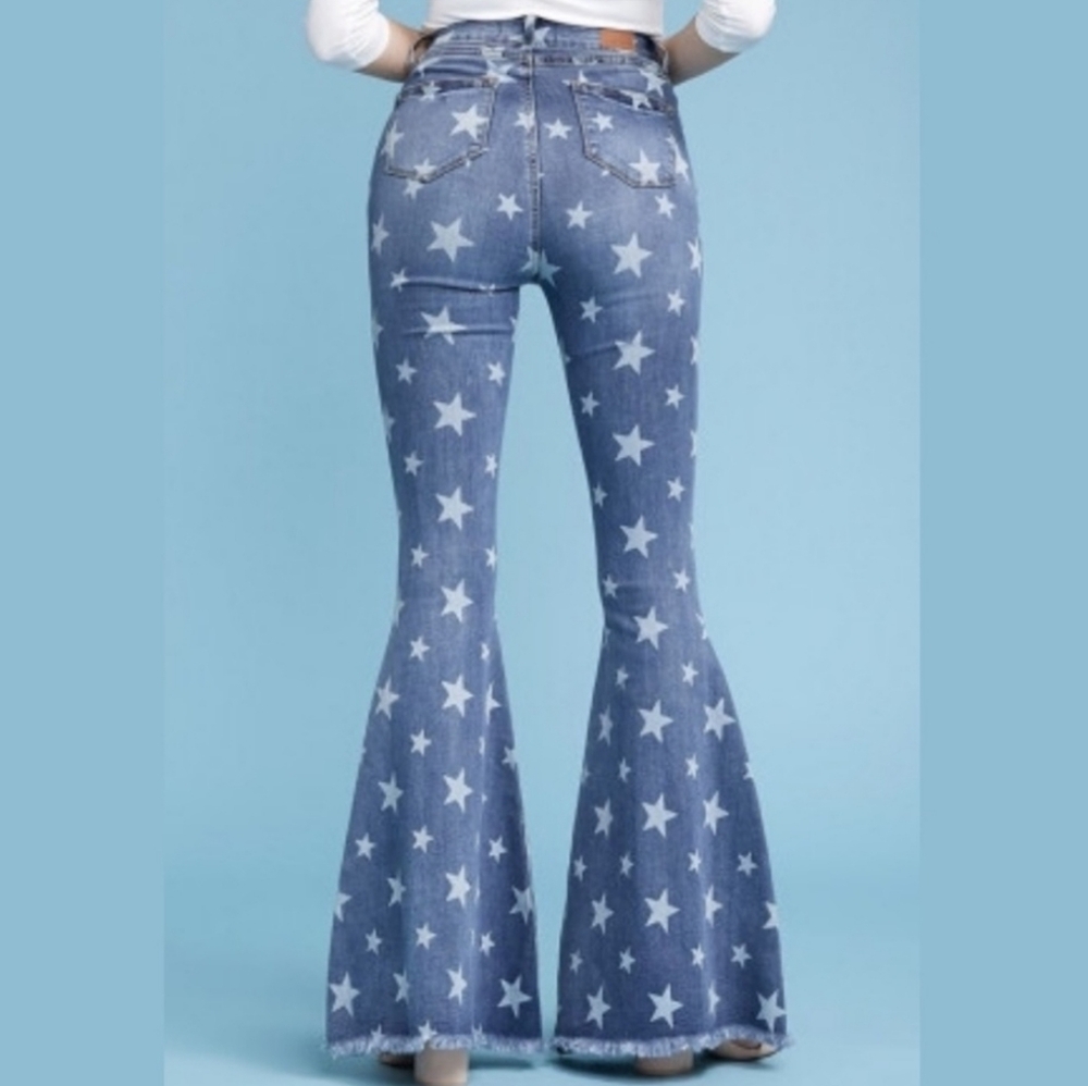 Judy Blue high waisted boho flare bell bottom star print jeans women's 14.